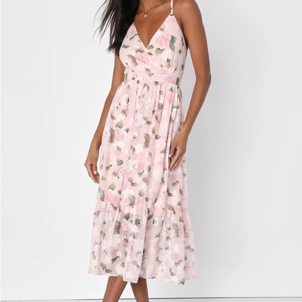Lulu's Pink Floral Ruffled Midi Dress for Wedding Guest